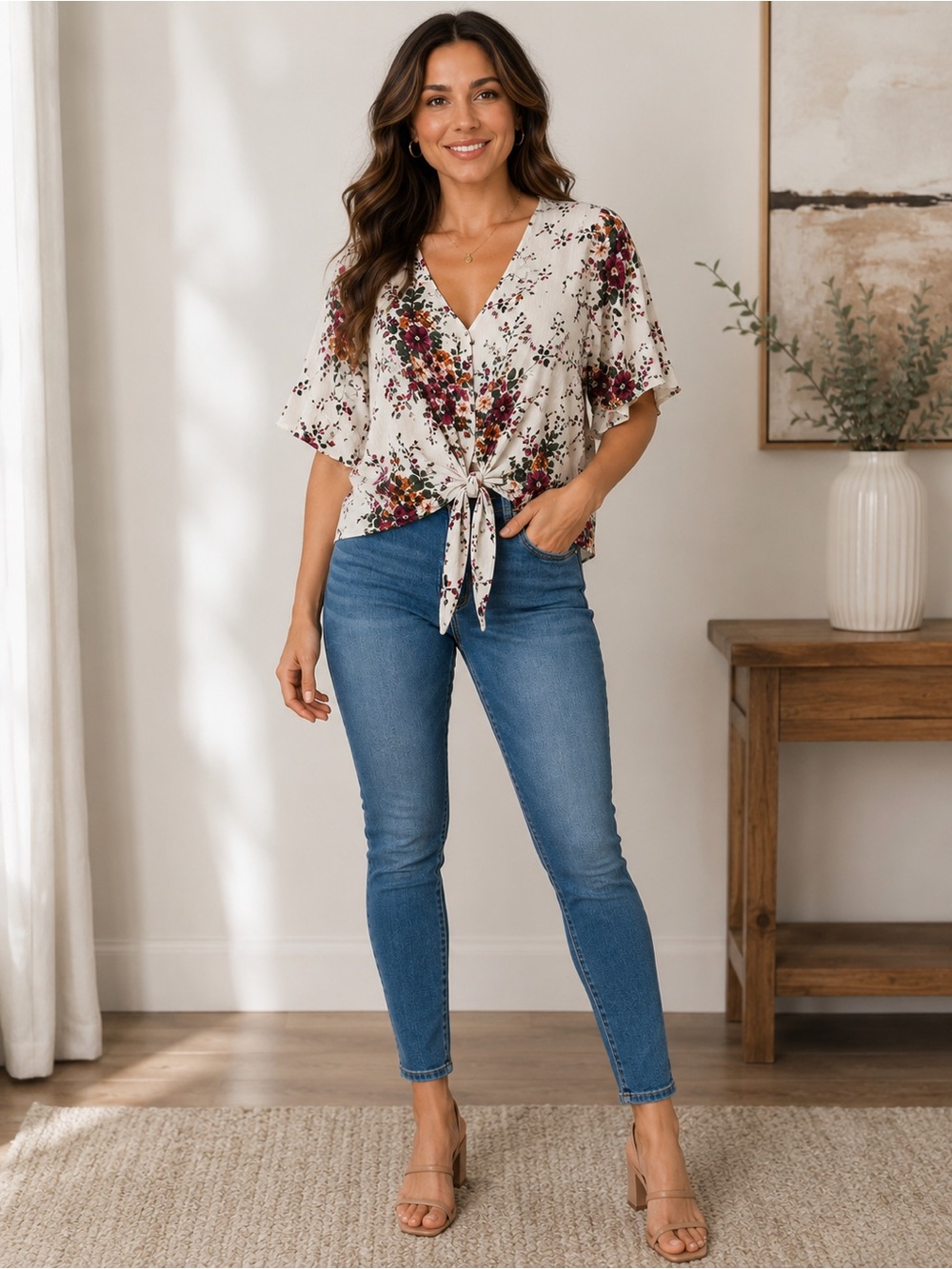 LUQ Floral Tie Front Blouse Size Small
